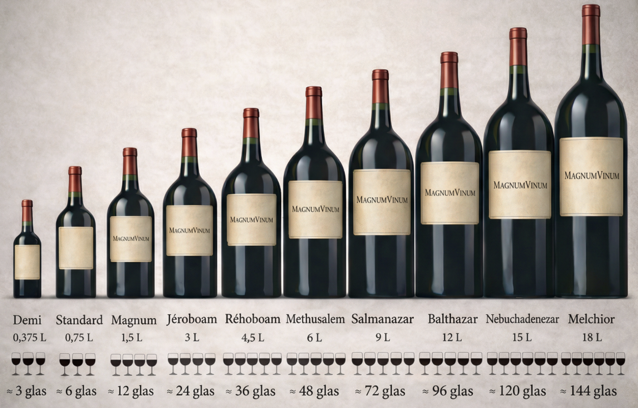 Oversigt over vinflaskestørrelser fra 0,375 L (Demi) til 18 L (Melchior) med ca. antal glas